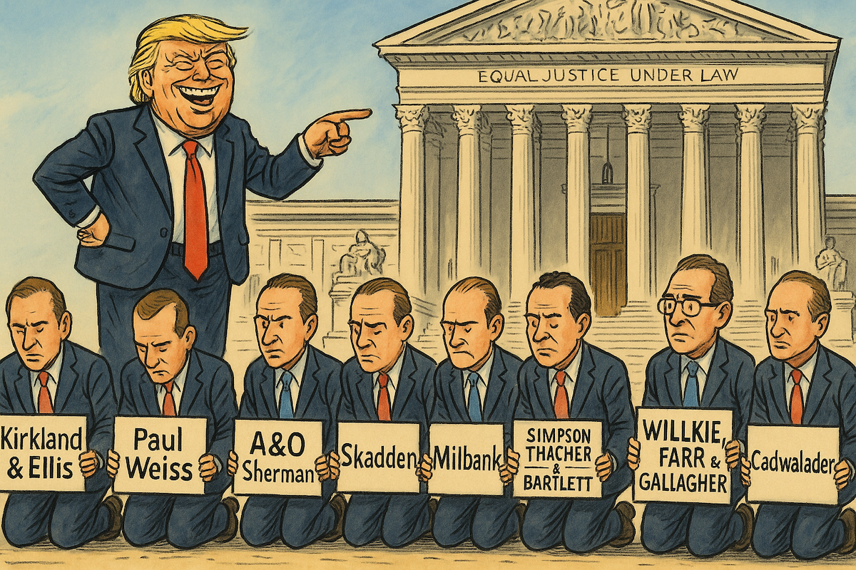 Law firms on one knee before the Supreme Court, Trump laughing atop the steps